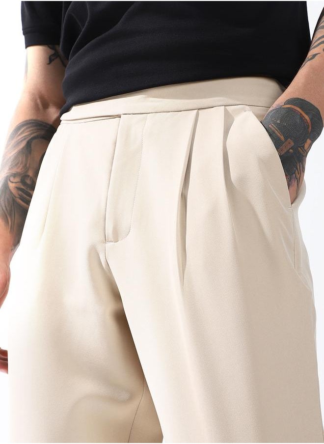 Loose Fit Beige 95% polyester 5% spandex Solid Woven Chinos with Button Closure Full Length - Ideal for Streetwear - A Must-Have for Your Wardrobe!