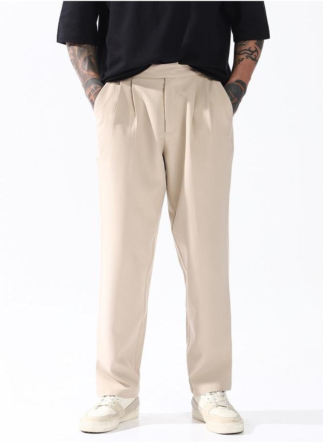 Loose Fit Beige 95% polyester 5% spandex Solid Woven Chinos with Button Closure Full Length - Ideal for Streetwear - A Must-Have for Your Wardrobe!