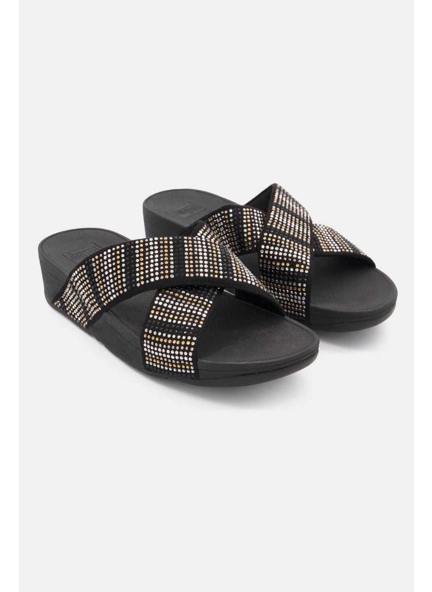 Women Strobe Slide Sandal, Black/Silver