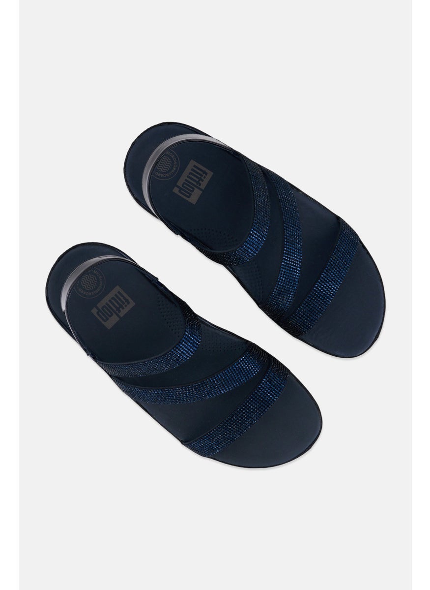 Women Crystall Z Strap Sling Back Sandals, Navy Blue
