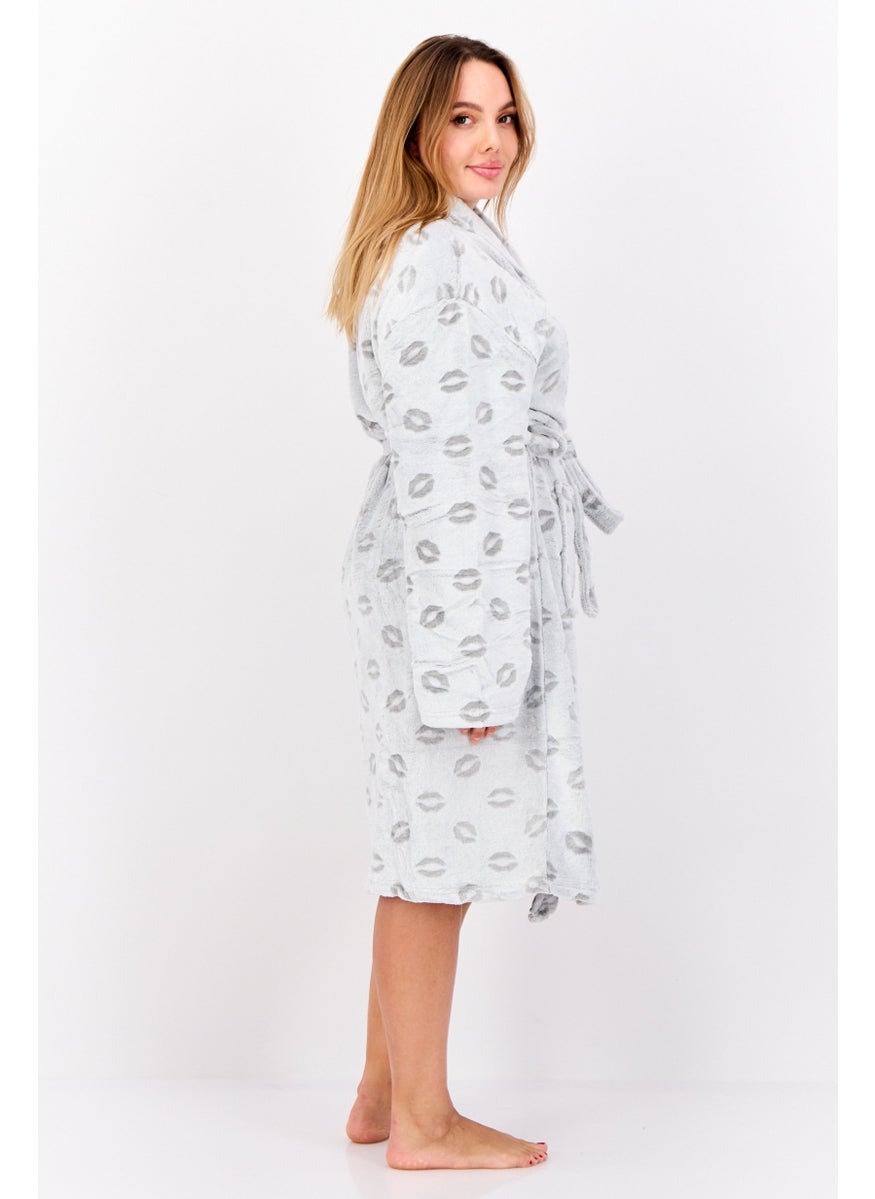 Women Allover Print Belted Bath Robes, Grey