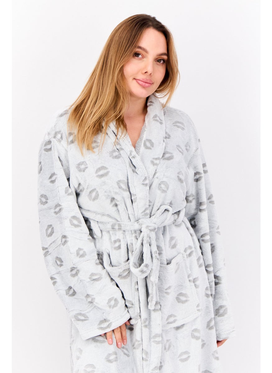 Women Allover Print Belted Bath Robes, Grey