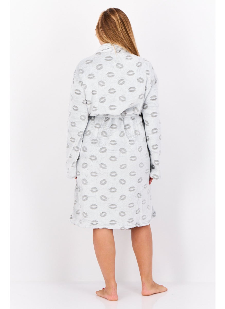 Women Allover Print Belted Bath Robes, Grey