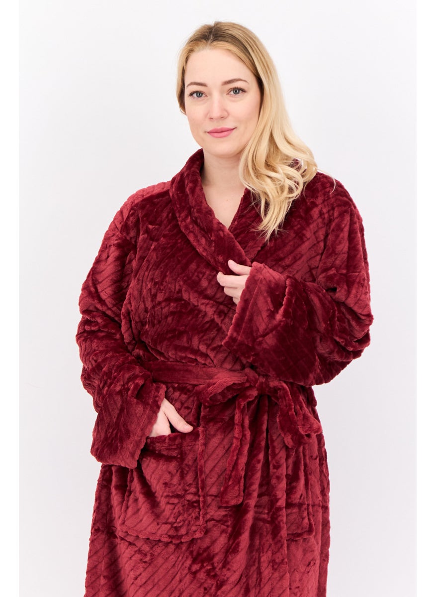 Women Fleece Belted Bath Robe, Burgundy
