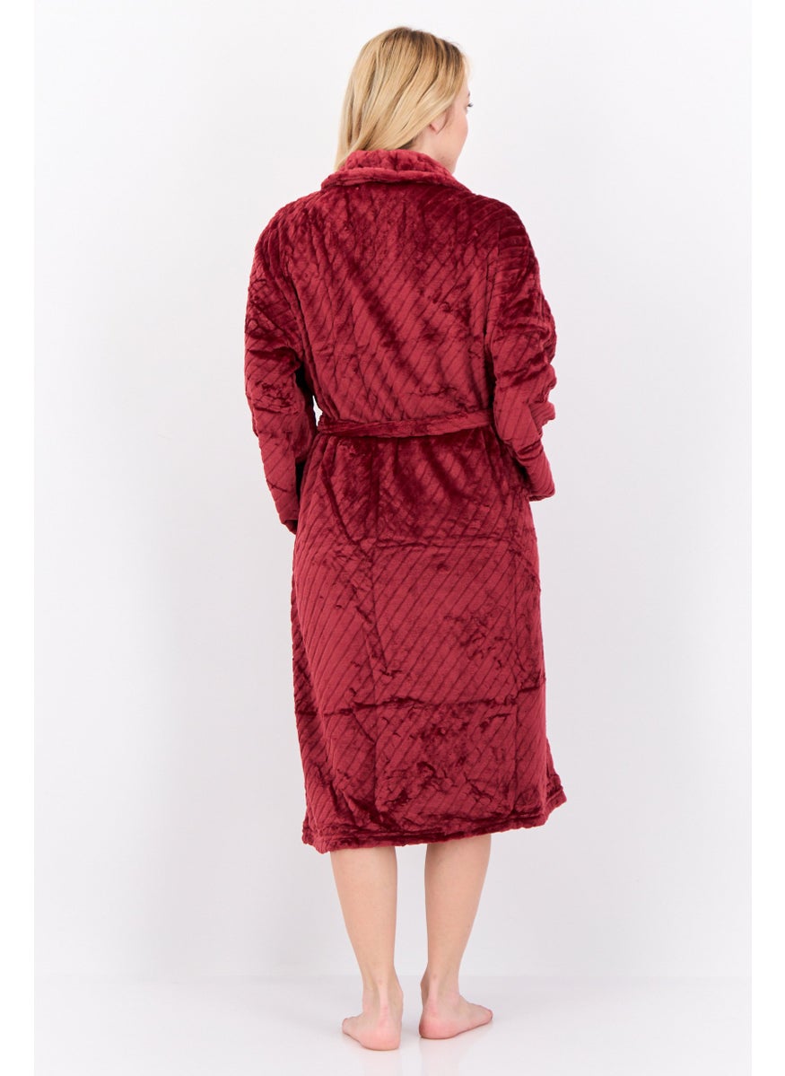 Women Fleece Belted Bath Robe, Burgundy