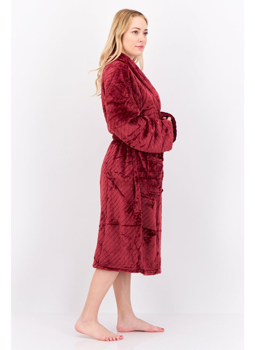 Women Fleece Belted Bath Robe, Burgundy