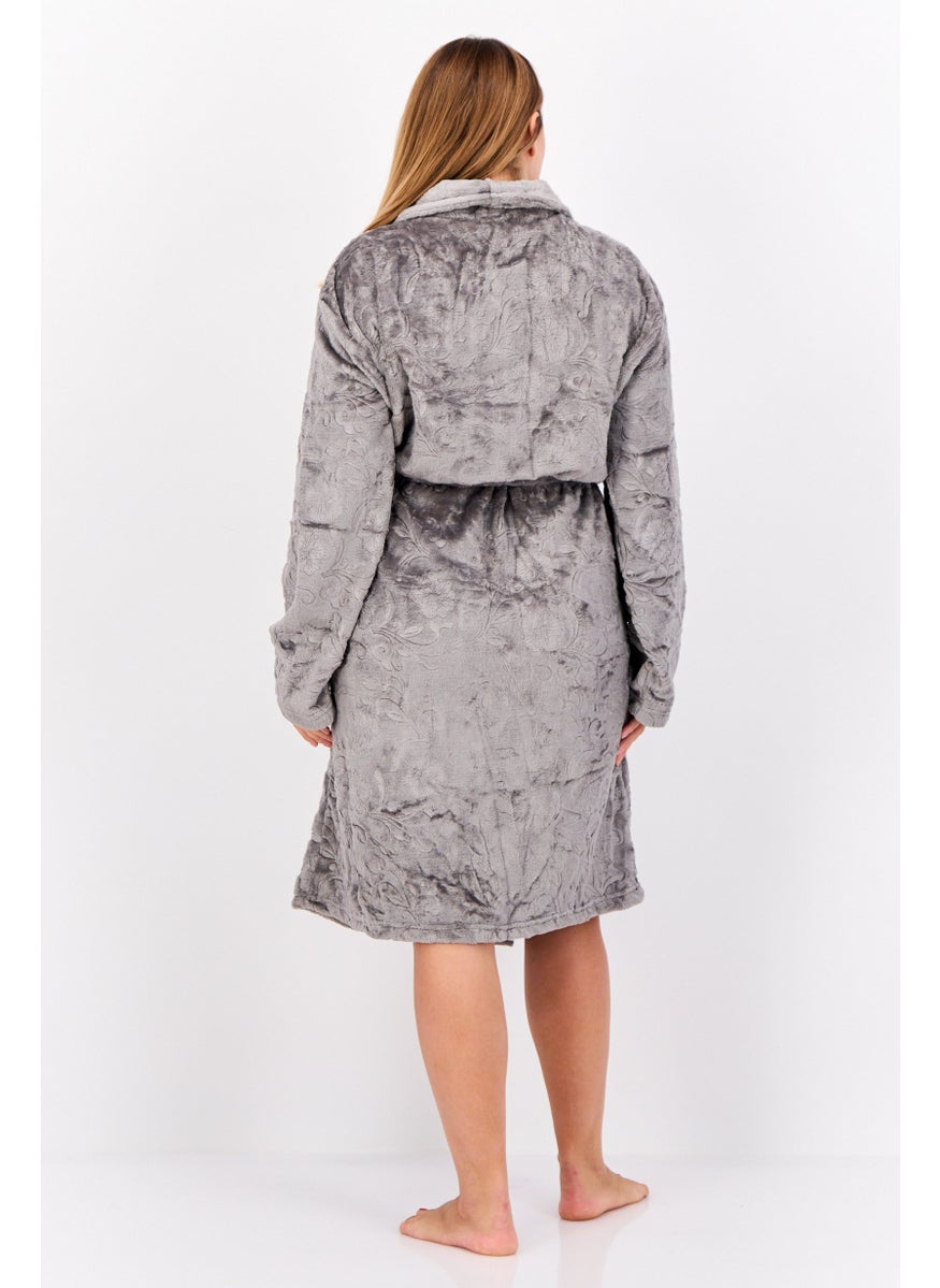 Women Belted Embossed Bath Robe, Grey