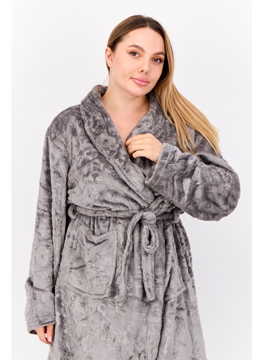 Women Belted Embossed Bath Robe, Grey