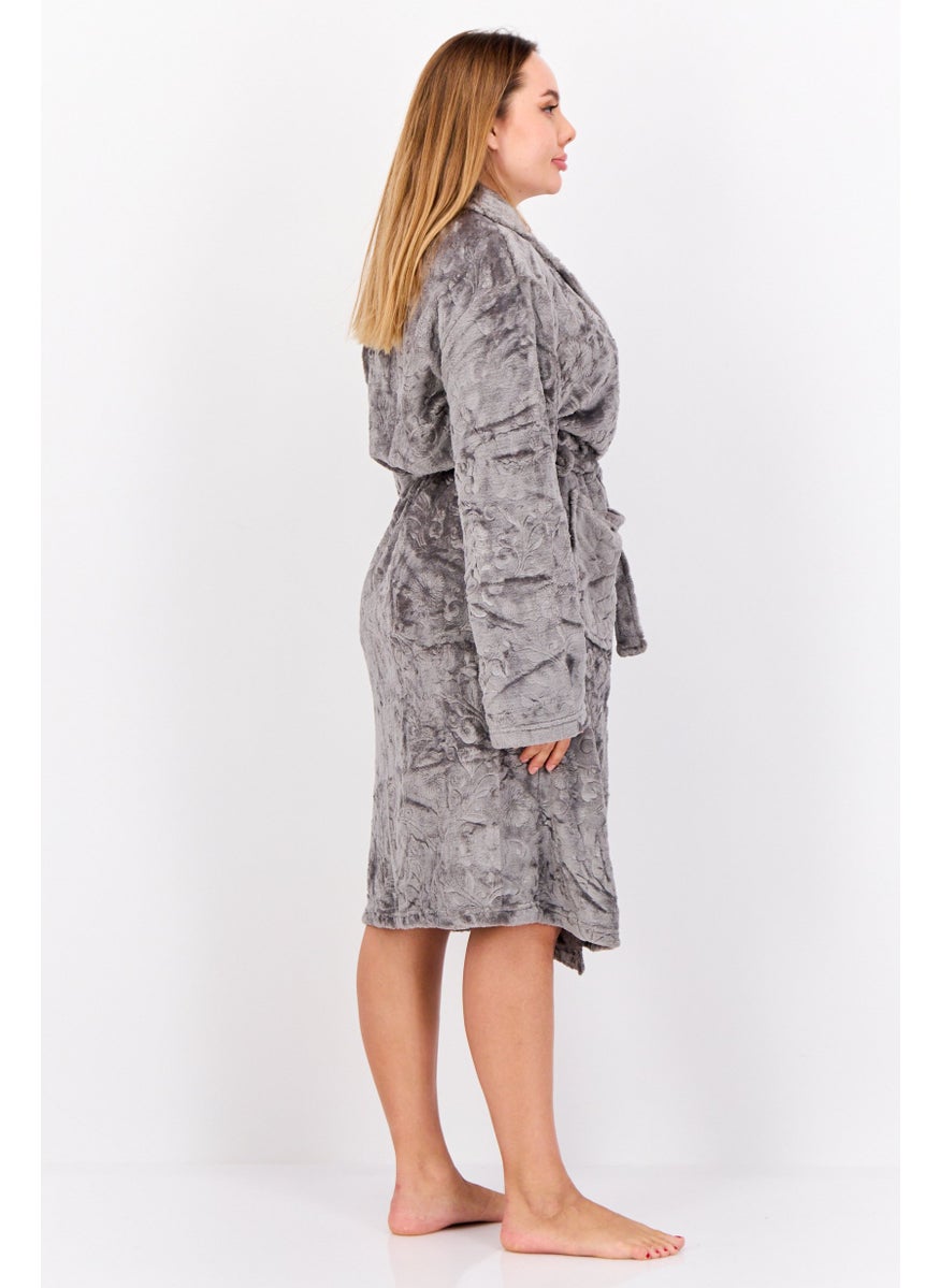 Women Belted Embossed Bath Robe, Grey
