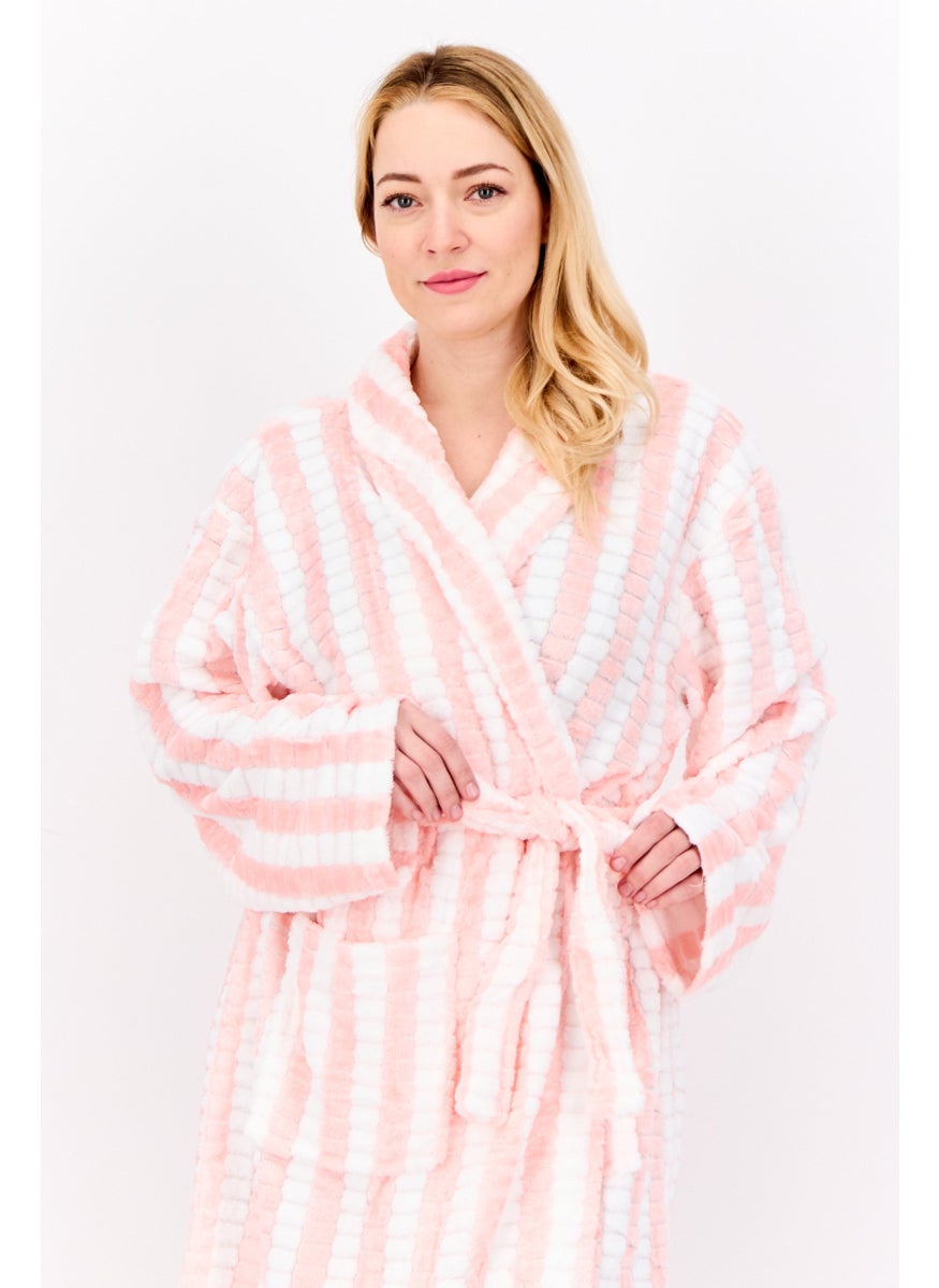 Women Stripped Belted Robes, Pink/White