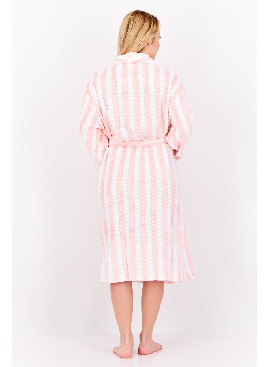 Women Stripped Belted Robes, Pink/White