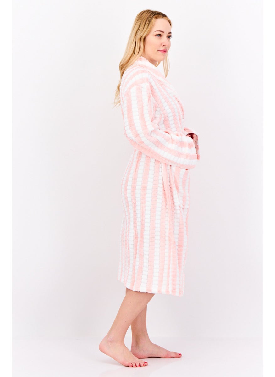 Women Stripped Belted Robes, Pink/White