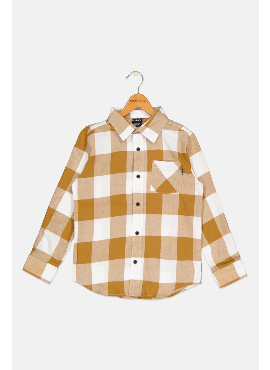 Kids Boy Checkered Long Sleeve Casual Shirt, Brown/White