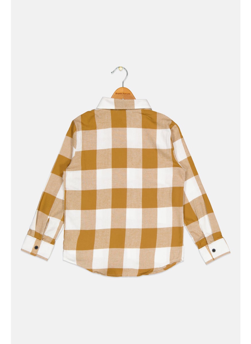 Kids Boy Checkered Long Sleeve Casual Shirt, Brown/White