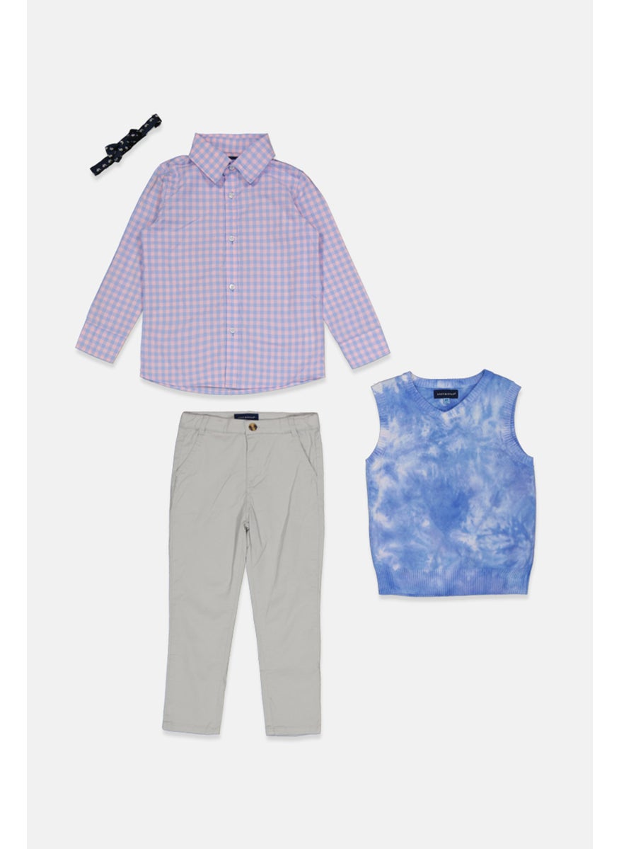 Kids Boy 4 Piece Shirt And Pants With Vest And Bow Tie Set, Multicolor