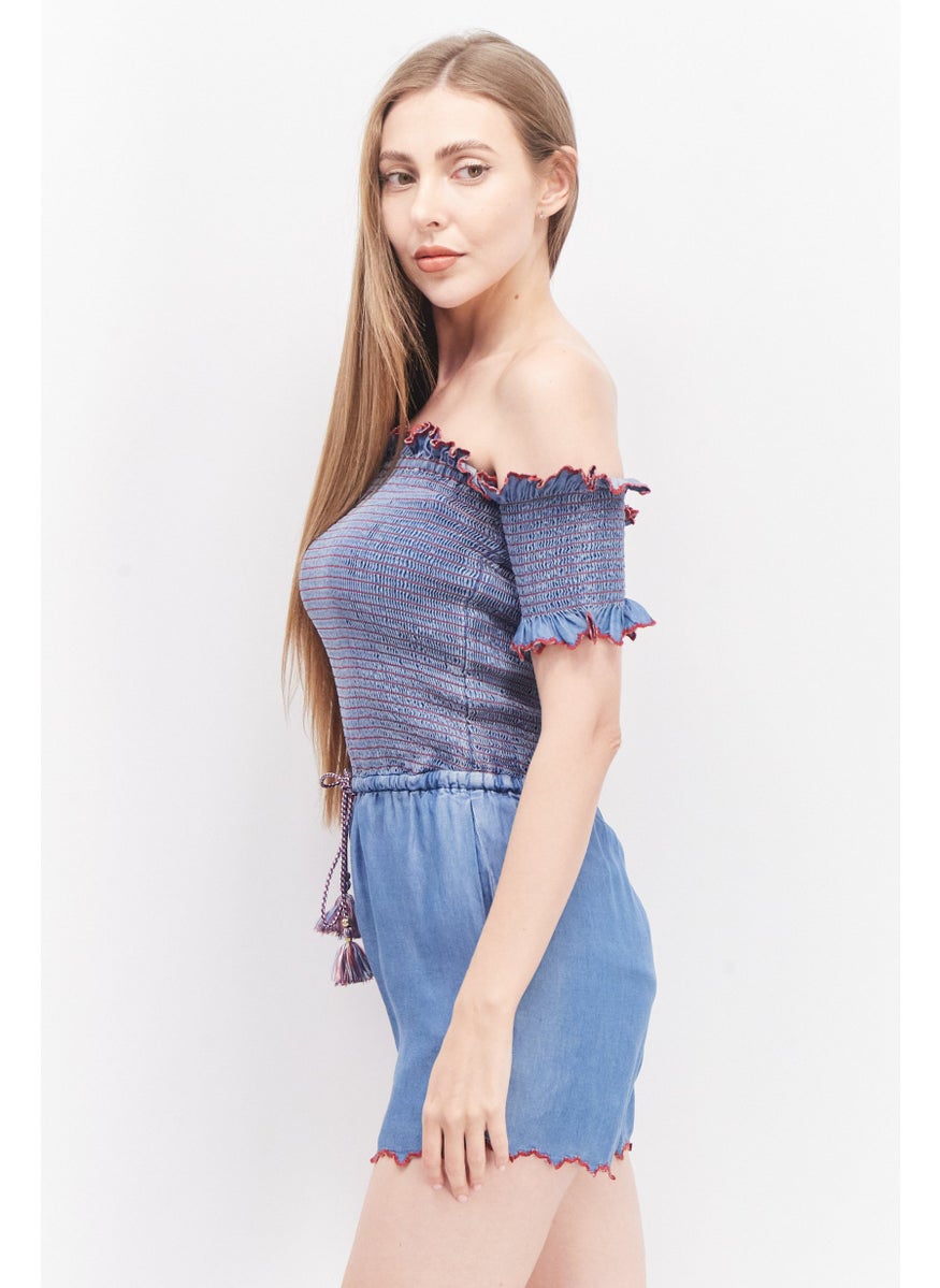 Women Off Shoulder Textured Playsuit, Blue