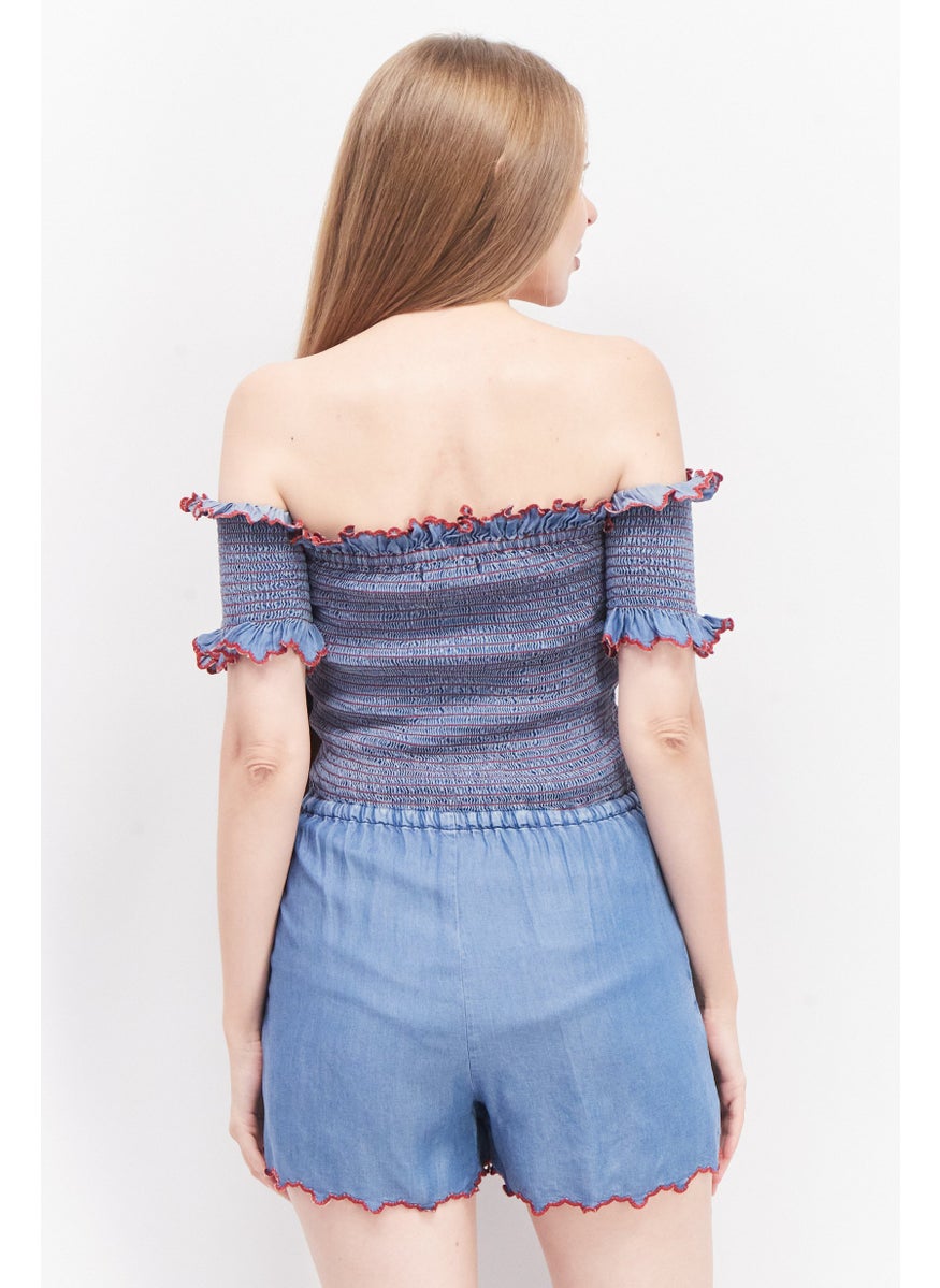 Women Off Shoulder Textured Playsuit, Blue