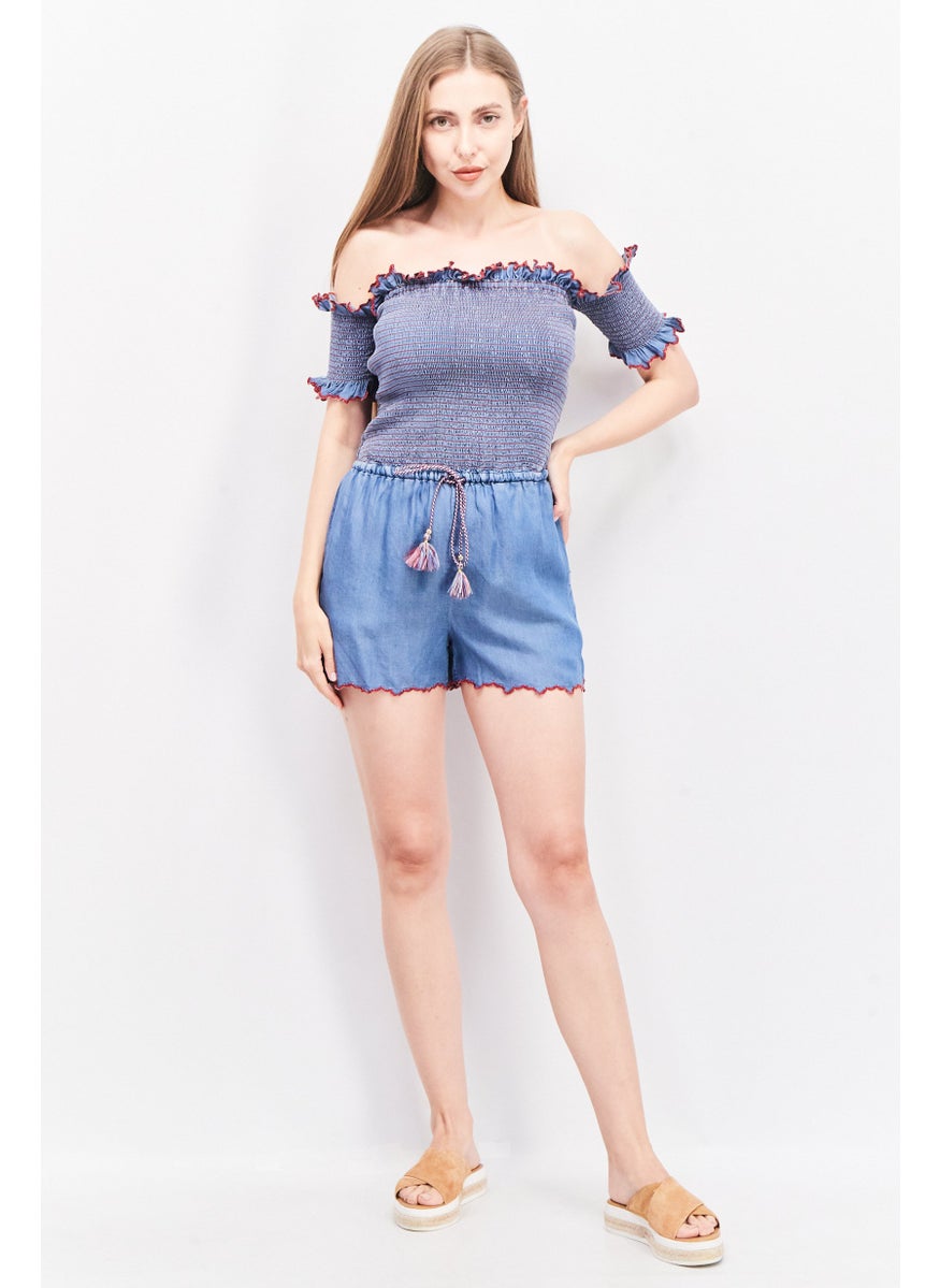 Women Off Shoulder Textured Playsuit, Blue