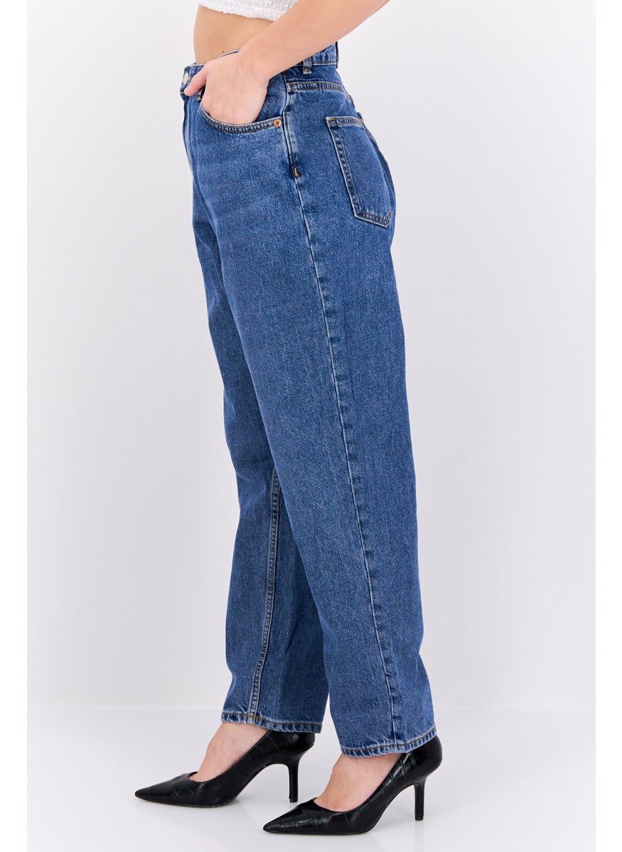 Women Regular Fit High Waist Balloon Leg Washed Denim, Blue