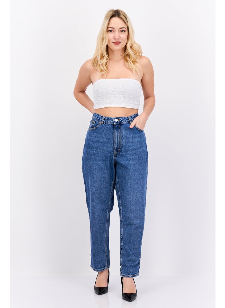 Women Regular Fit High Waist Balloon Leg Washed Denim, Blue