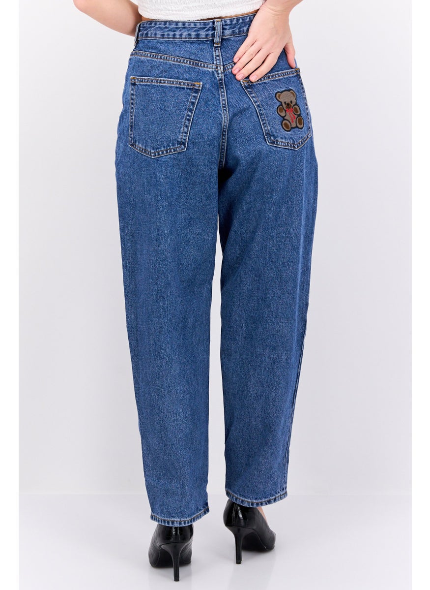 Women Regular Fit High Waist Balloon Leg Washed Denim, Blue