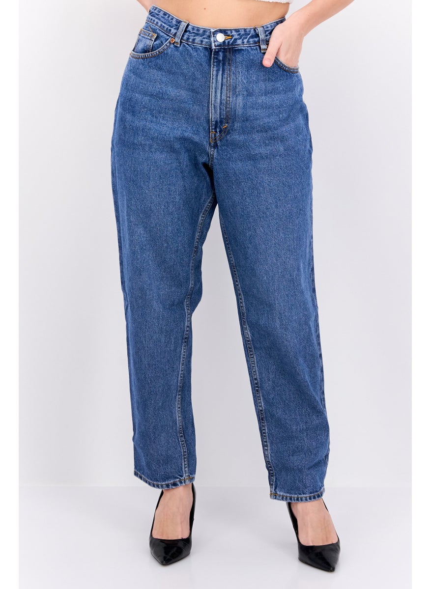 Women Regular Fit High Waist Balloon Leg Washed Denim, Blue