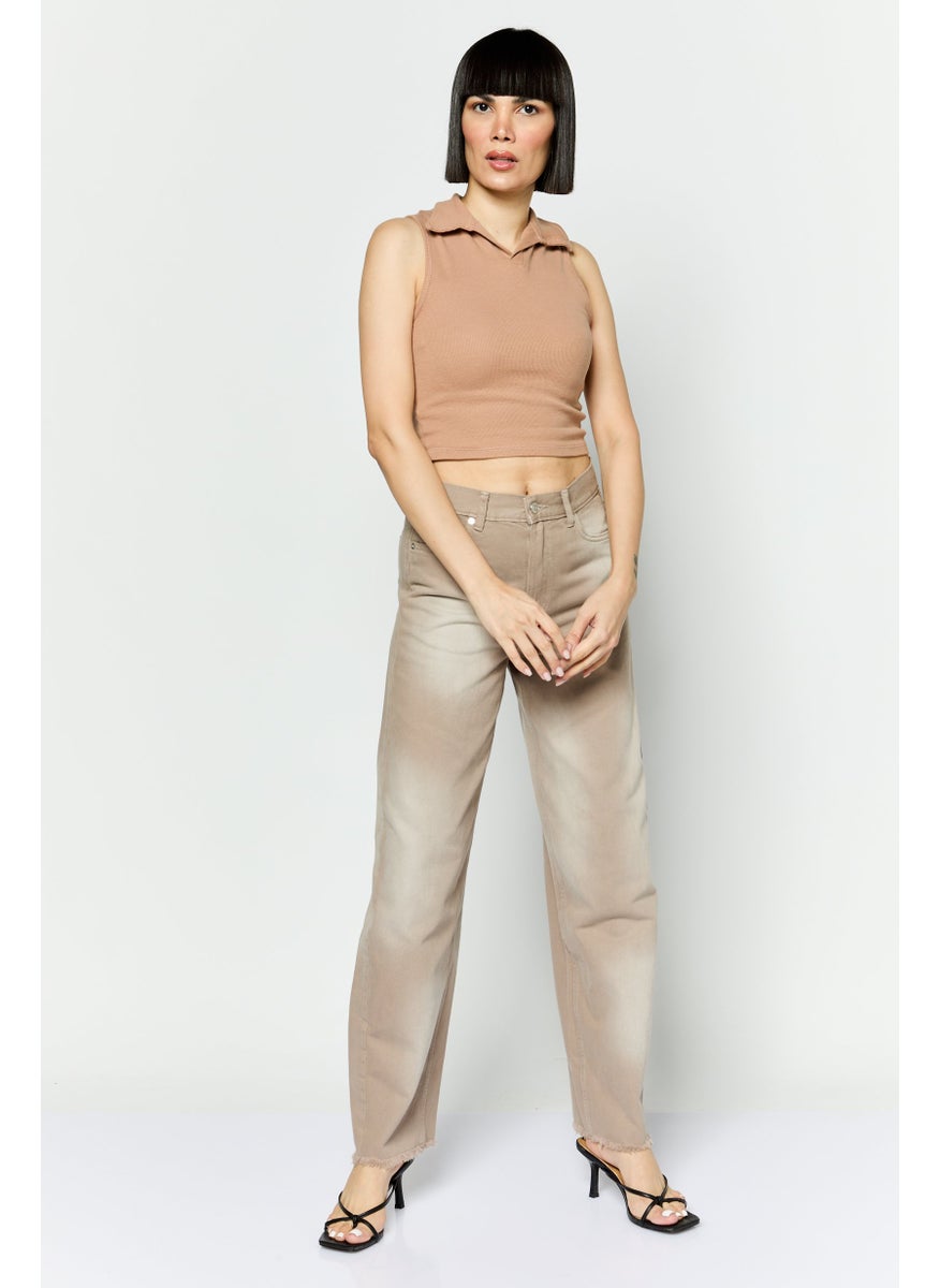 Women Regular Fit High Rise Wide Leg No Stretch Jeans, Beige