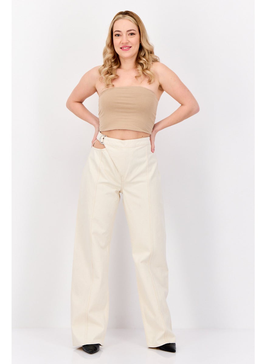 Women Regular Fit High Rise Wide Leg No Stretch Jeans, Light Beige