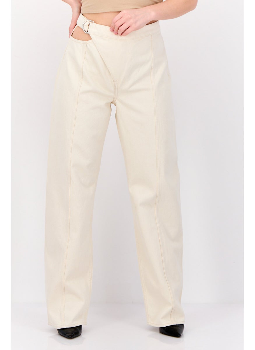 Women Regular Fit High Rise Wide Leg No Stretch Jeans, Light Beige