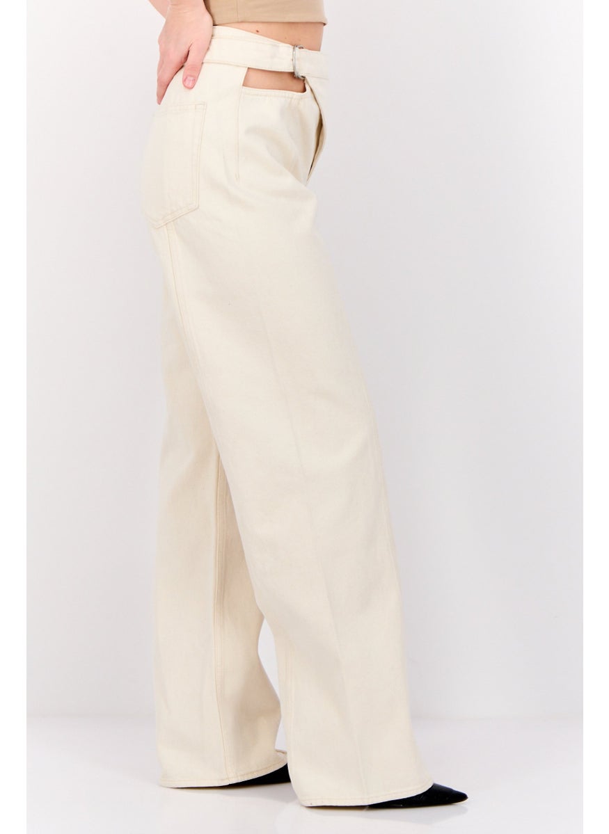 Women Regular Fit High Rise Wide Leg No Stretch Jeans, Light Beige