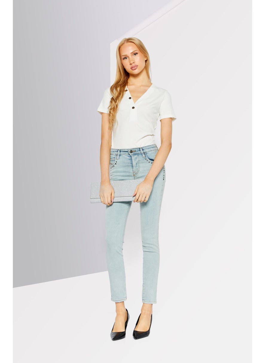 Women Slim Regular Stretchable Jeans, Light Blue Wash