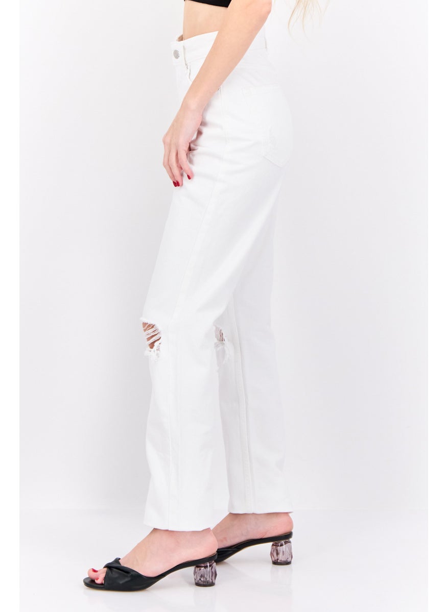 Women Straight Rip Non Stretchable Jeans, White