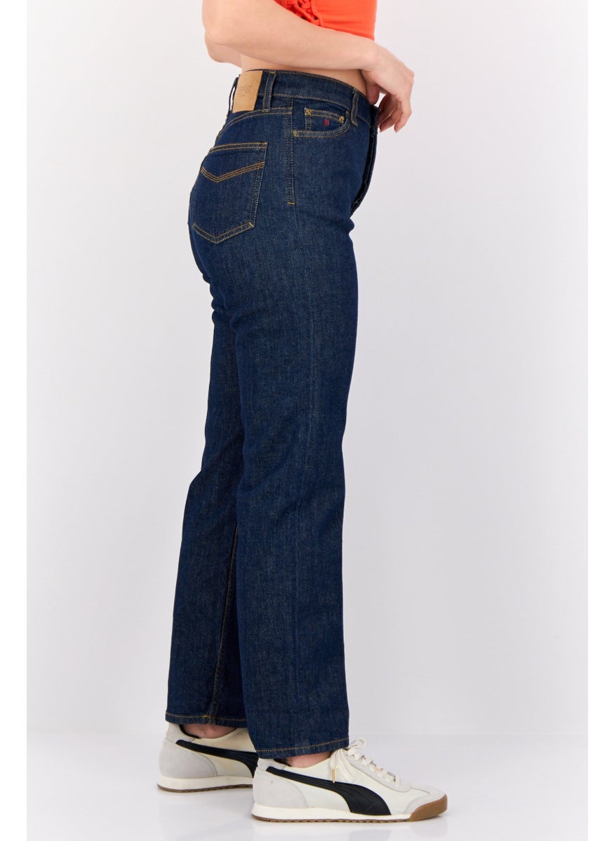 Women Straight Fit Plain Stretchable Slevedge Retro Jeans, Navy