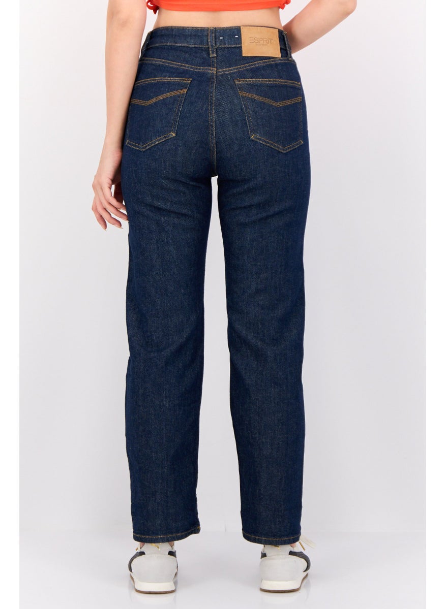 Women Straight Fit Plain Stretchable Slevedge Retro Jeans, Navy