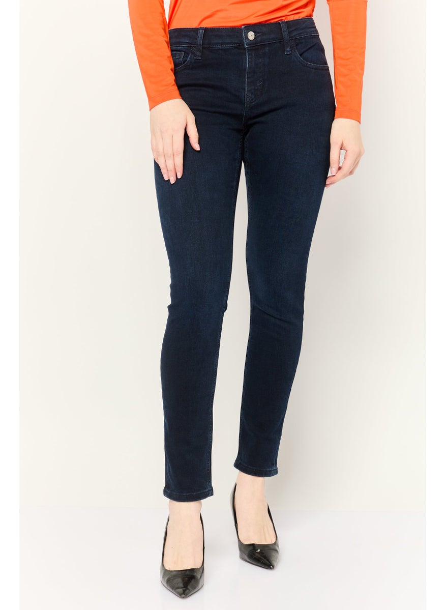 Women Skinny Mid Waist Solid Stretchable Denim Jeans, Navy