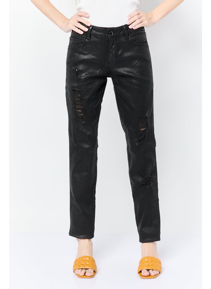Women Curve Mid Waist Solid Rip Skinny Jeans, Black