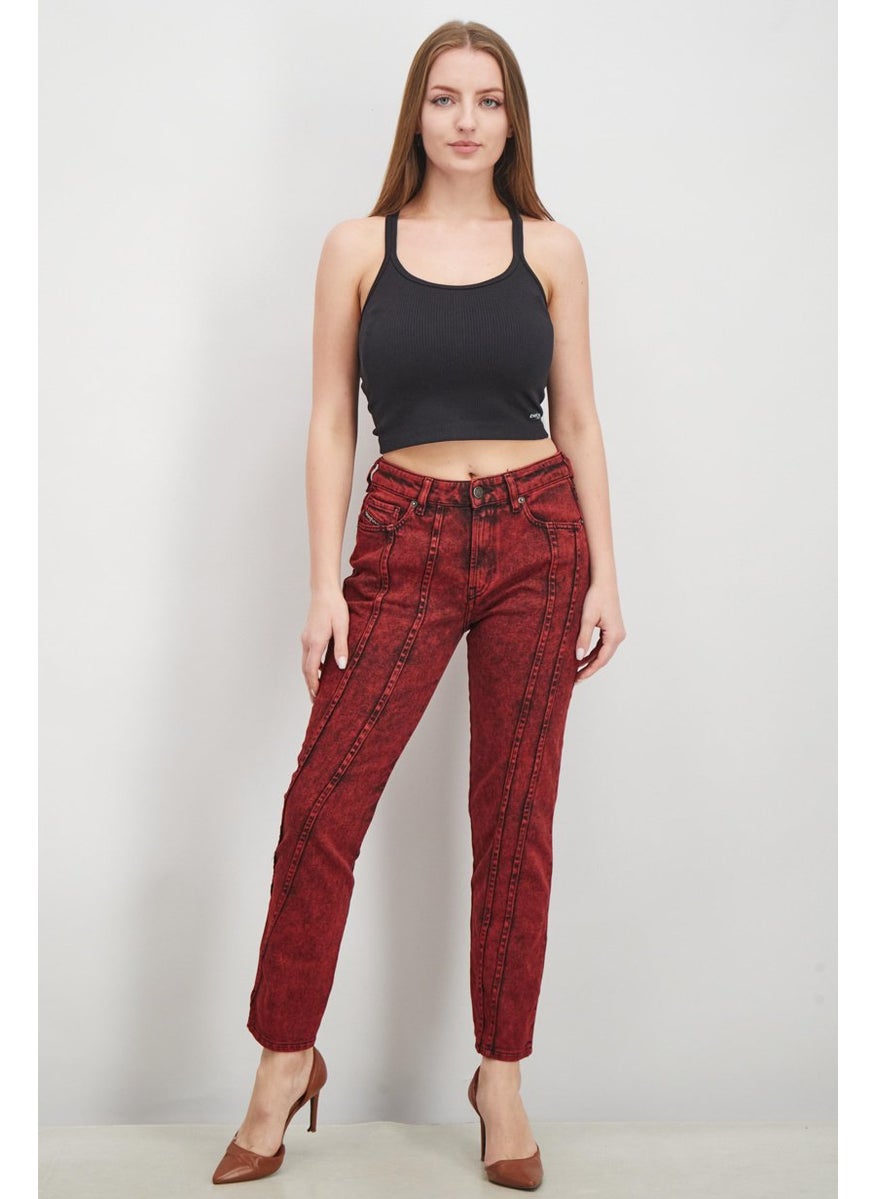Women Slim Fit Washed Stretchable Jeans, Red and Black