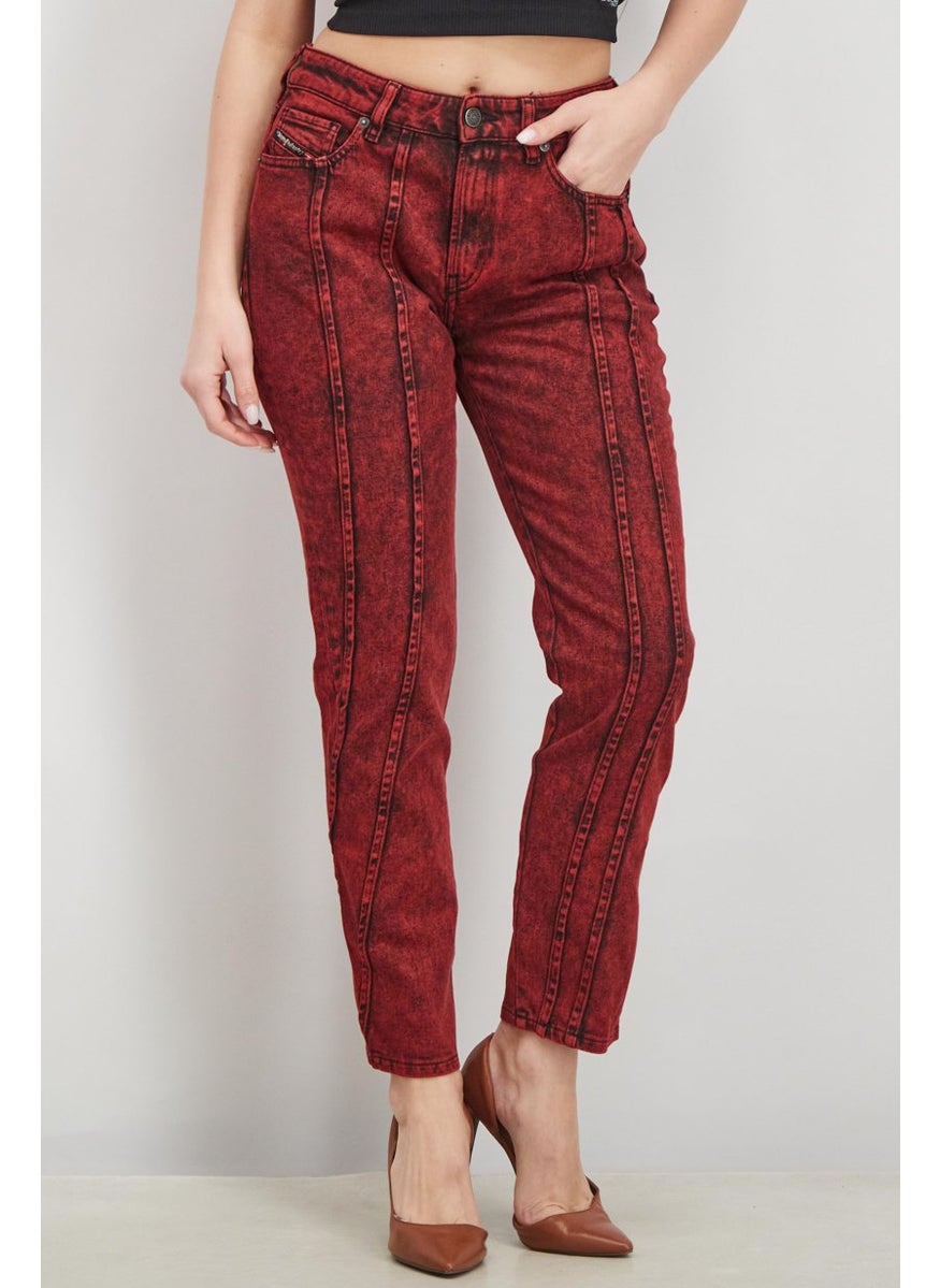 Women Slim Fit Washed Stretchable Jeans, Red and Black