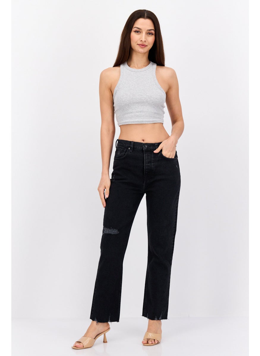 Women Straight Fit Ripped Stretchable Crop Jeans, Black