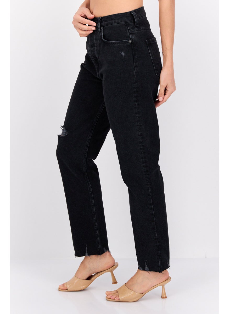 Women Straight Fit Ripped Stretchable Crop Jeans, Black
