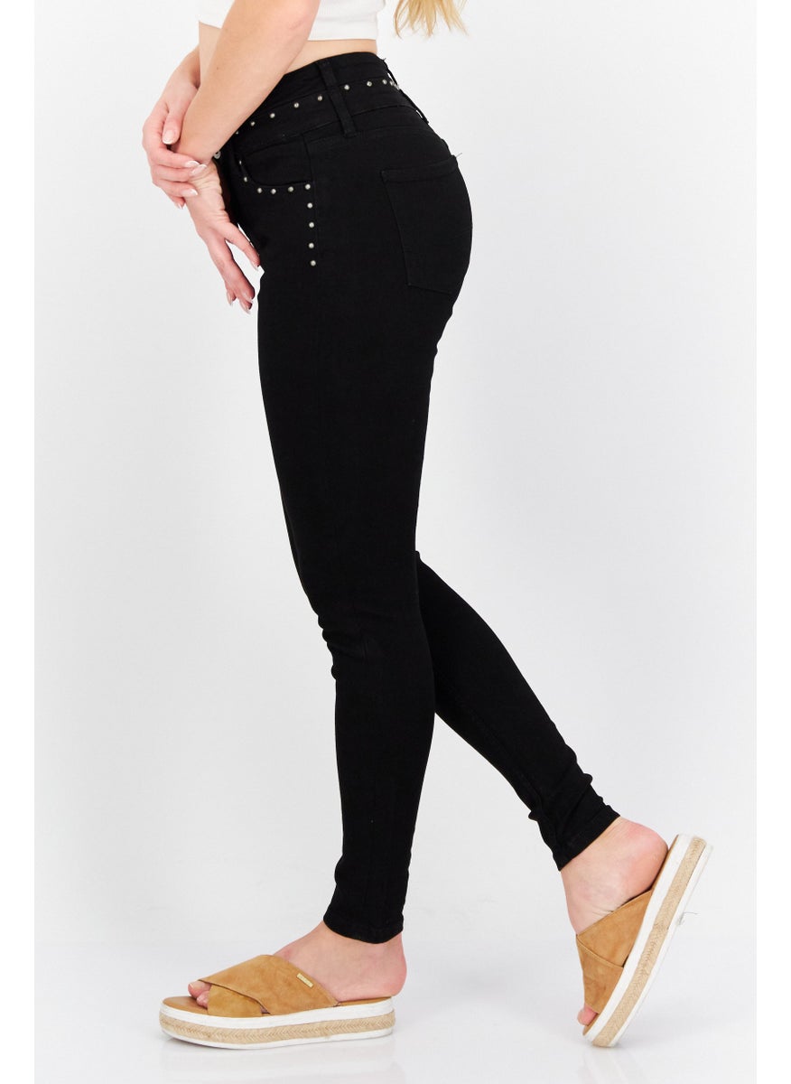 Women Skinny Fit Embellished Stretchable Jeans, Black