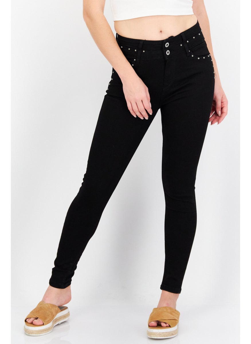 Women Skinny Fit Embellished Stretchable Jeans, Black