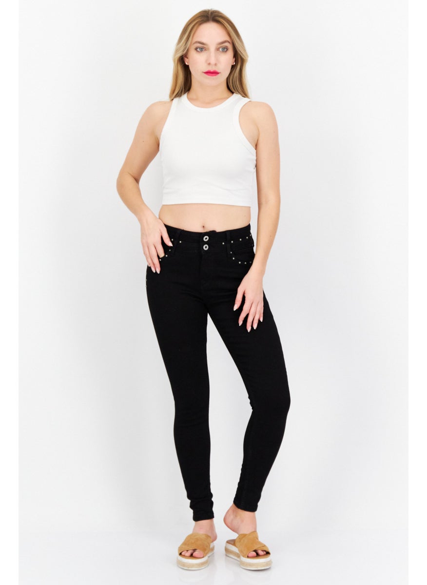 Women Skinny Fit Embellished Stretchable Jeans, Black
