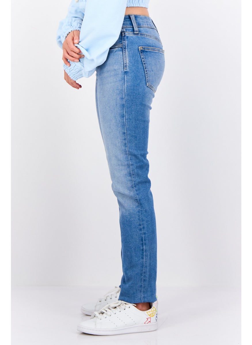 Women Regular Fit Washed Stretchable Mid Straight Jeans, Blue