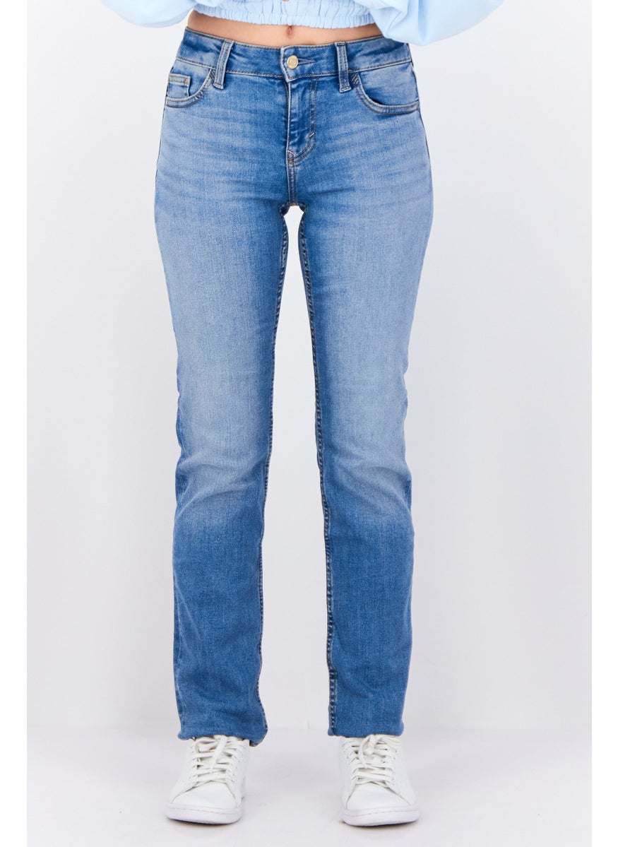 Women Regular Fit Washed Stretchable Mid Straight Jeans, Blue