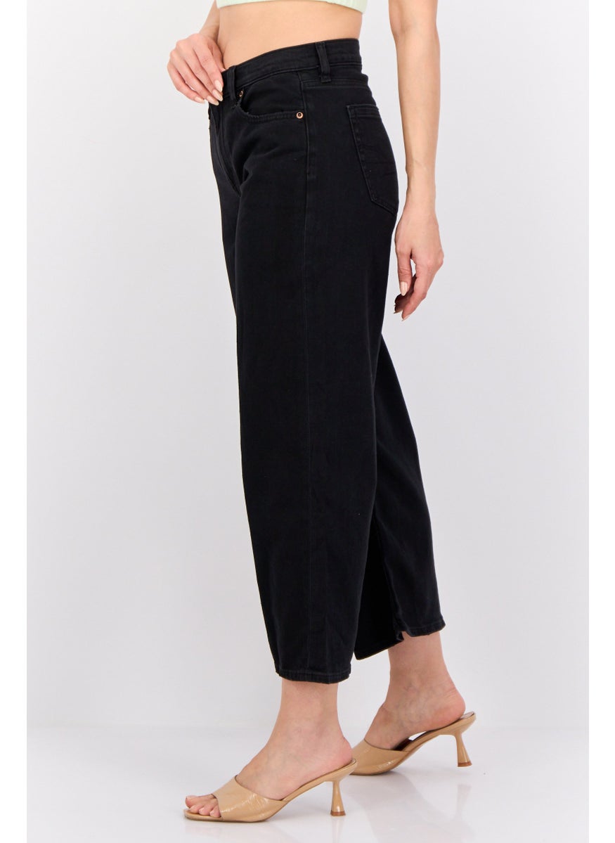 Women Regular Fit Plain 90s Wide-Leg High Rise No Stretch Jeans, Black