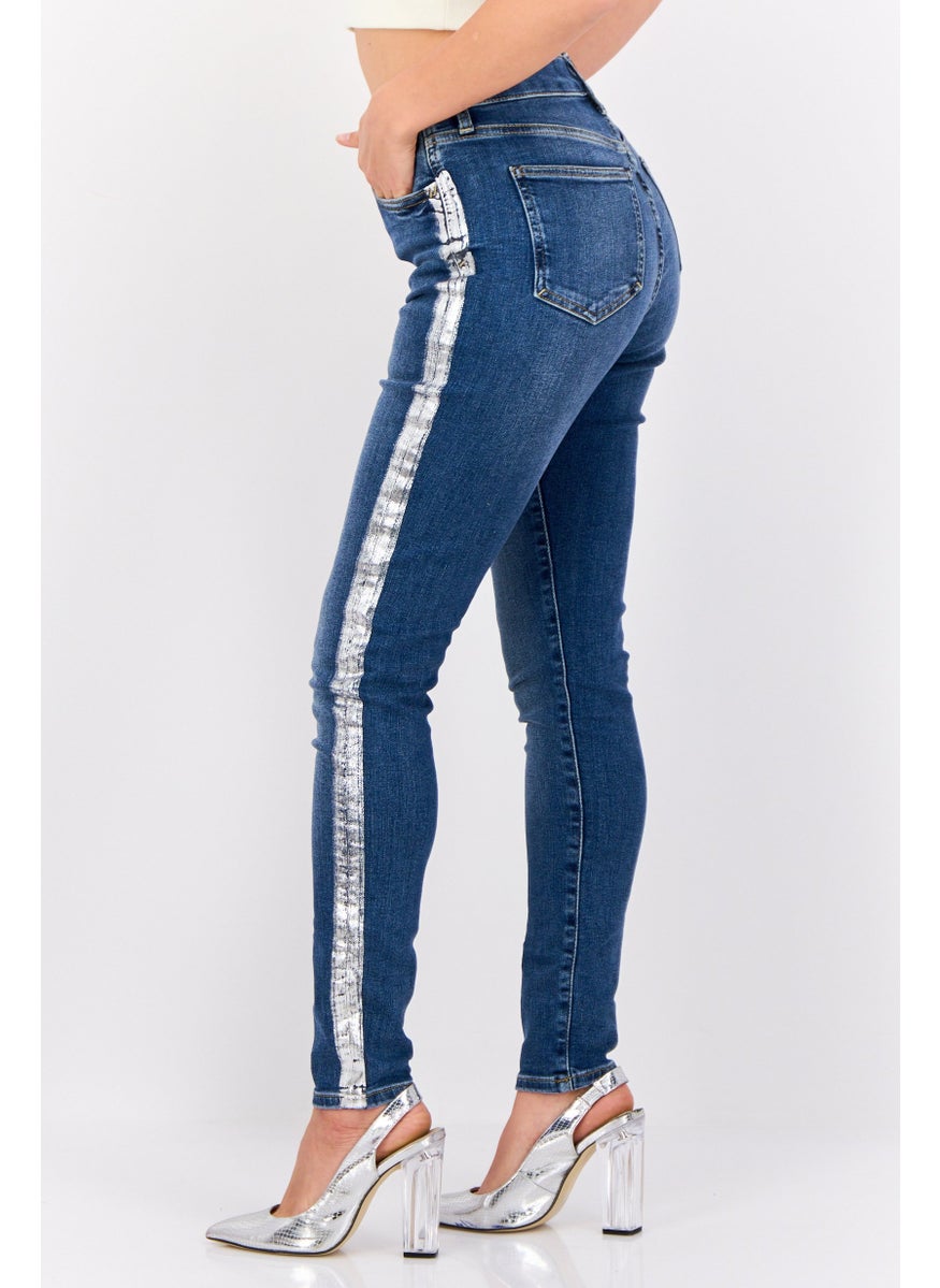 Women  Skinny Fit Metallic Stretchable Jeans, Blue