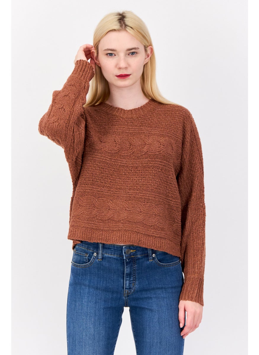 Women Mock Neck Knitted Cropped  Sweater, Dark Brown