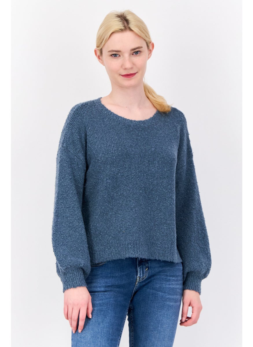 Women Crew Neck Knitted Sweater, Teal Blue