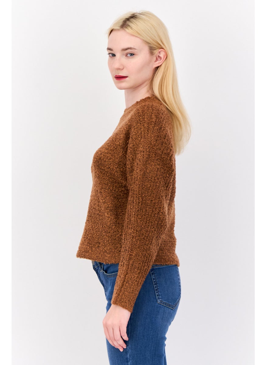 Women High Neck Knitted Crop Sweater, Brown